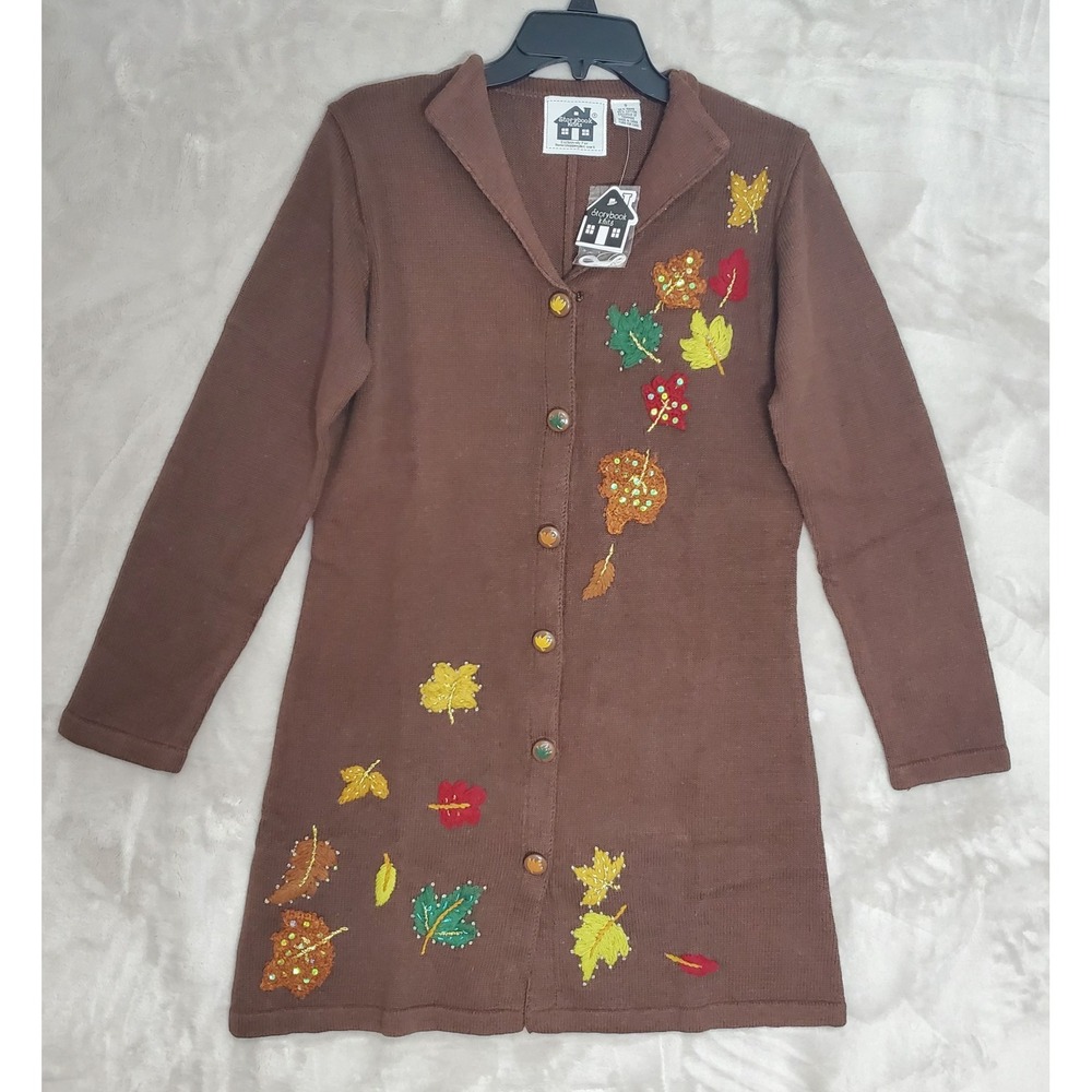 Vtg Storybook Knits Sweater S Long Brown Cardigan HSN Fall Leaves Autumn NWT - Picture 1 of 9
